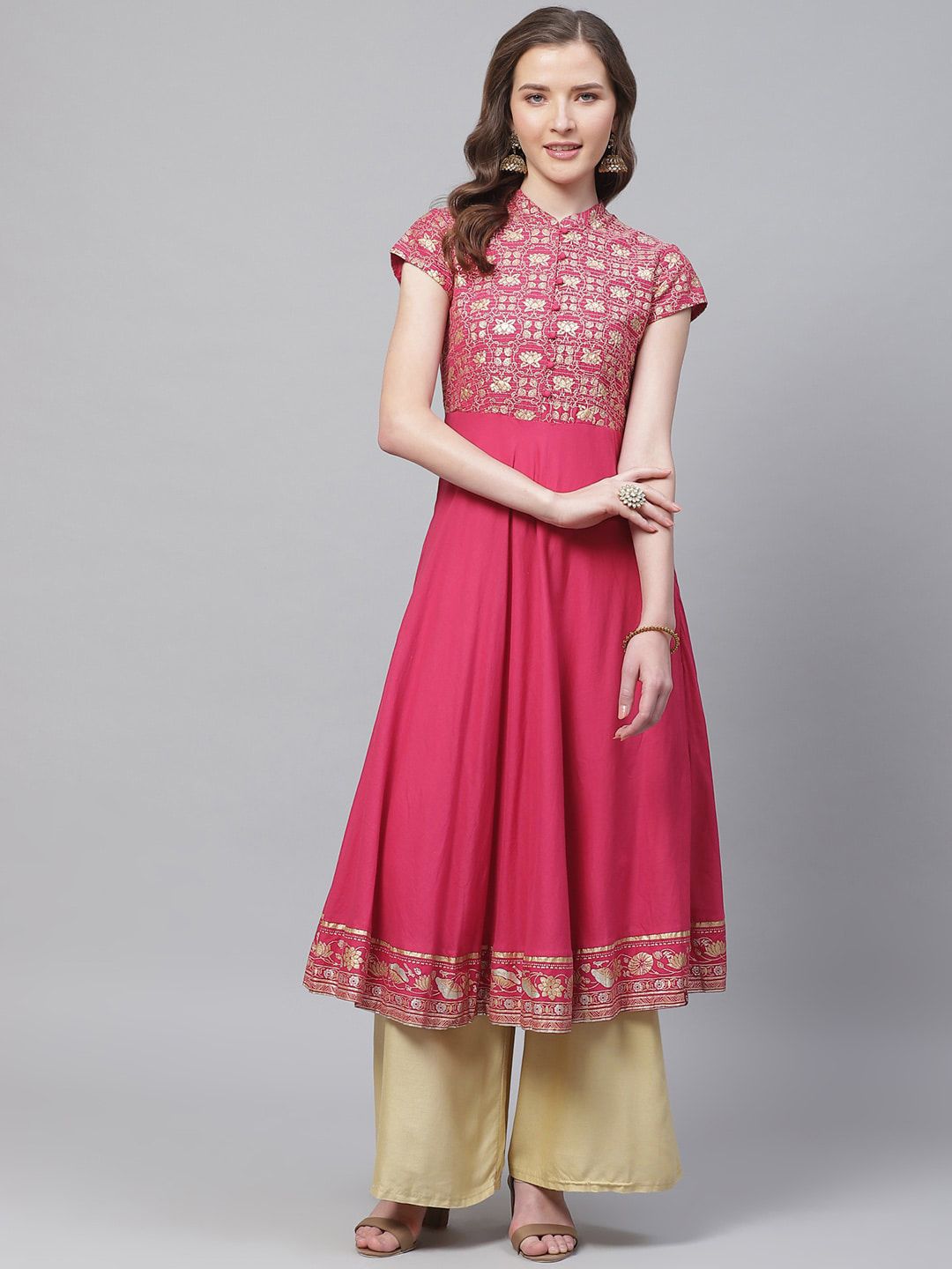 Biba Women Pink & Golden Printed Detail Anarkali Kurta