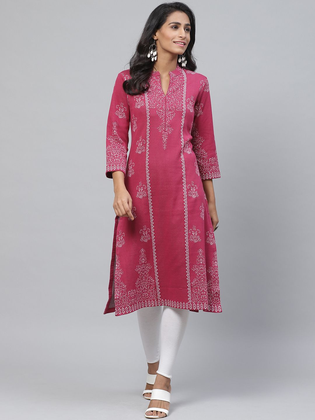 Biba Women Magenta & White Woven Design Winter A-Line Kurta