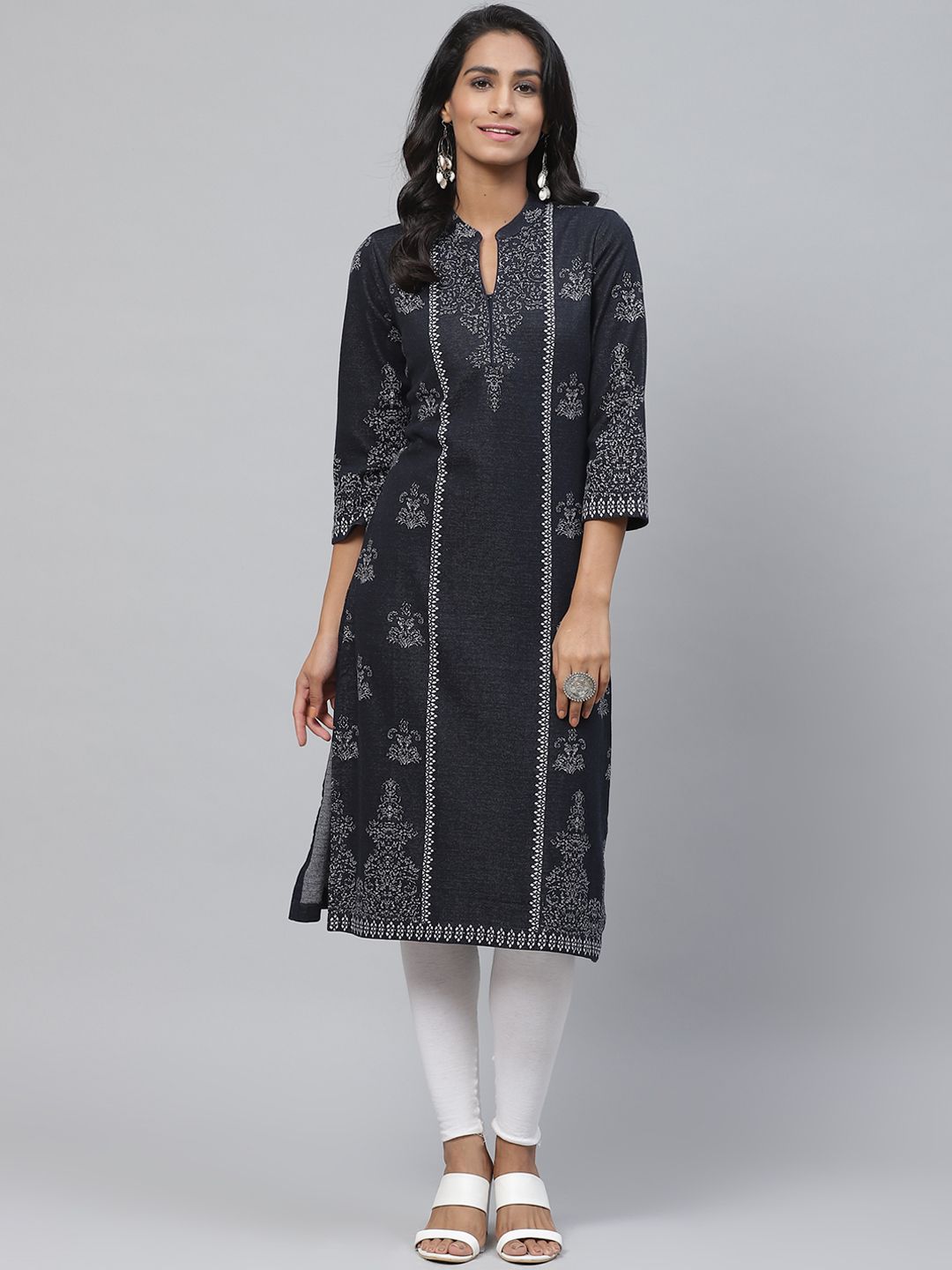 Biba Women Navy Blue & Off-White Printed Straight Winter Kurta