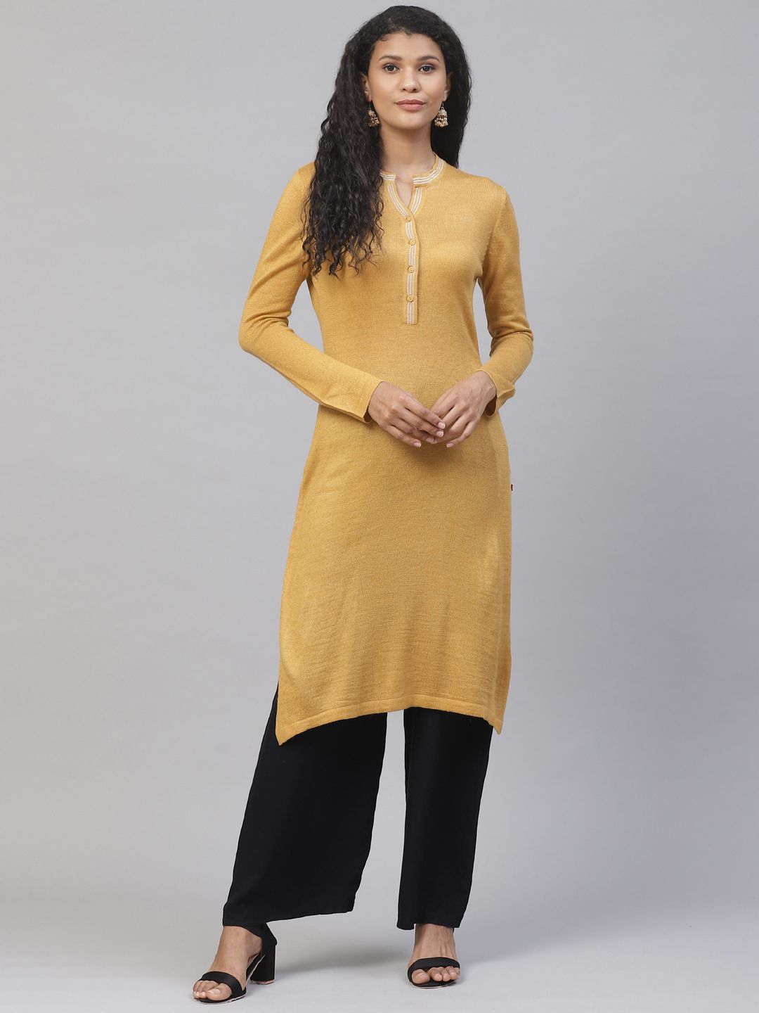 Biba Women Mustard Yellow Solid Straight Winter Kurta