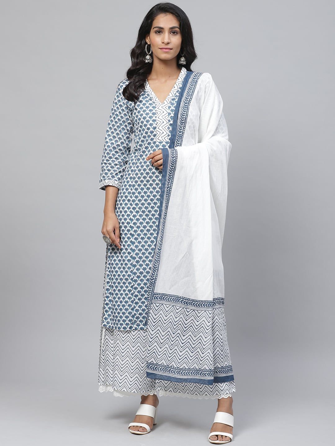 Biba Women White & Charcoal Grey Ethnic Printed Kurta with Palazzos & Dupatta