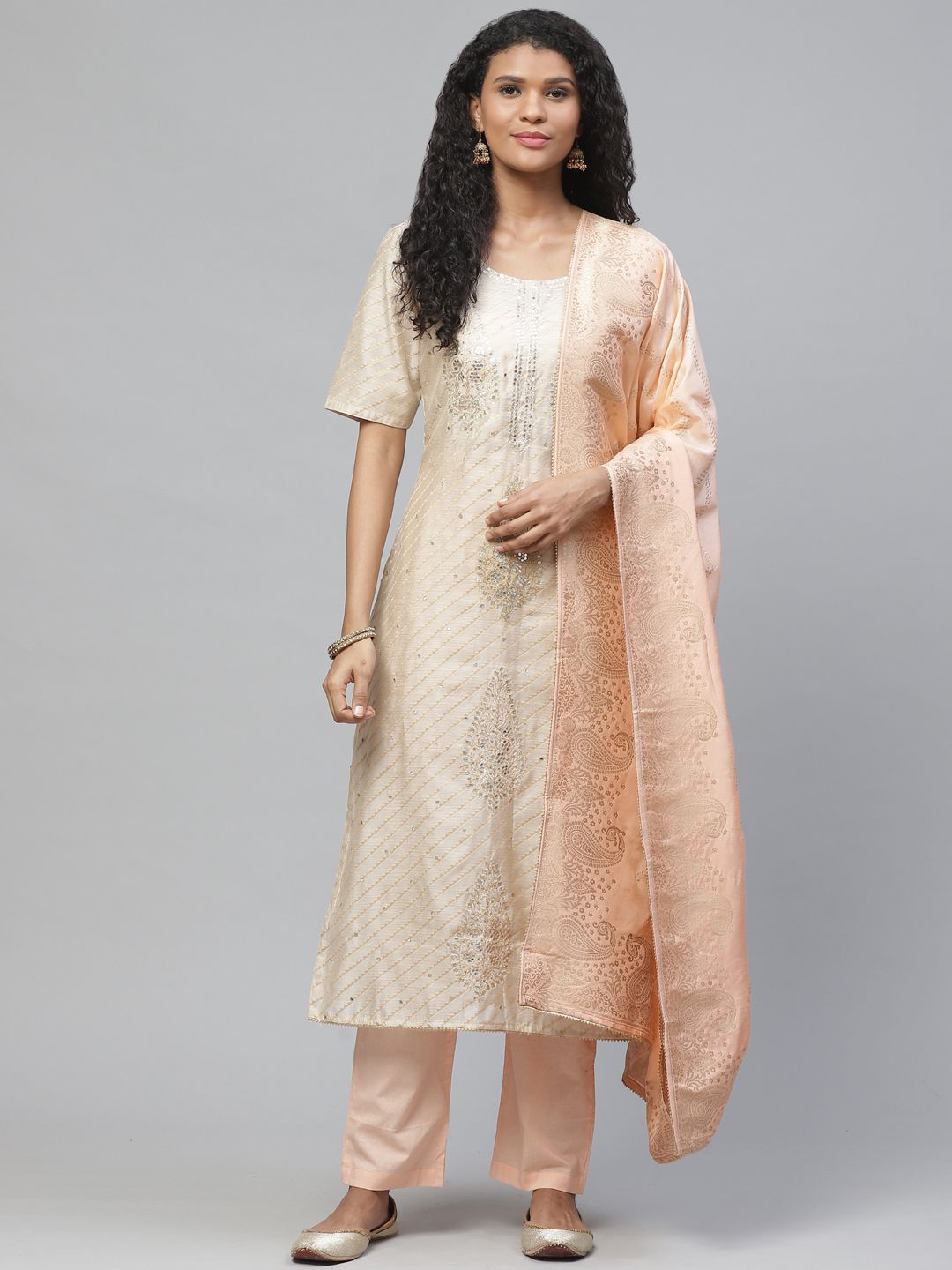 Readiprint Fashions Beige & Peach-Coloured Mirror Work Unstitched Dress Material Price in India