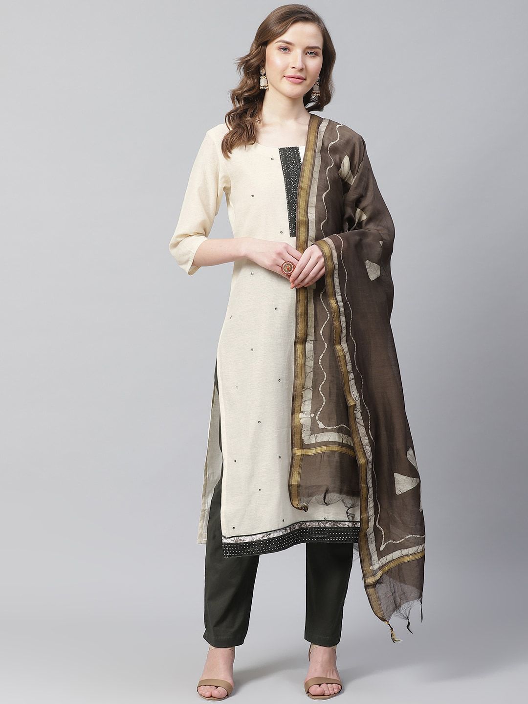 Readiprint Fashions Off-White & Olive Green Solid Unstitched Dress Material Price in India