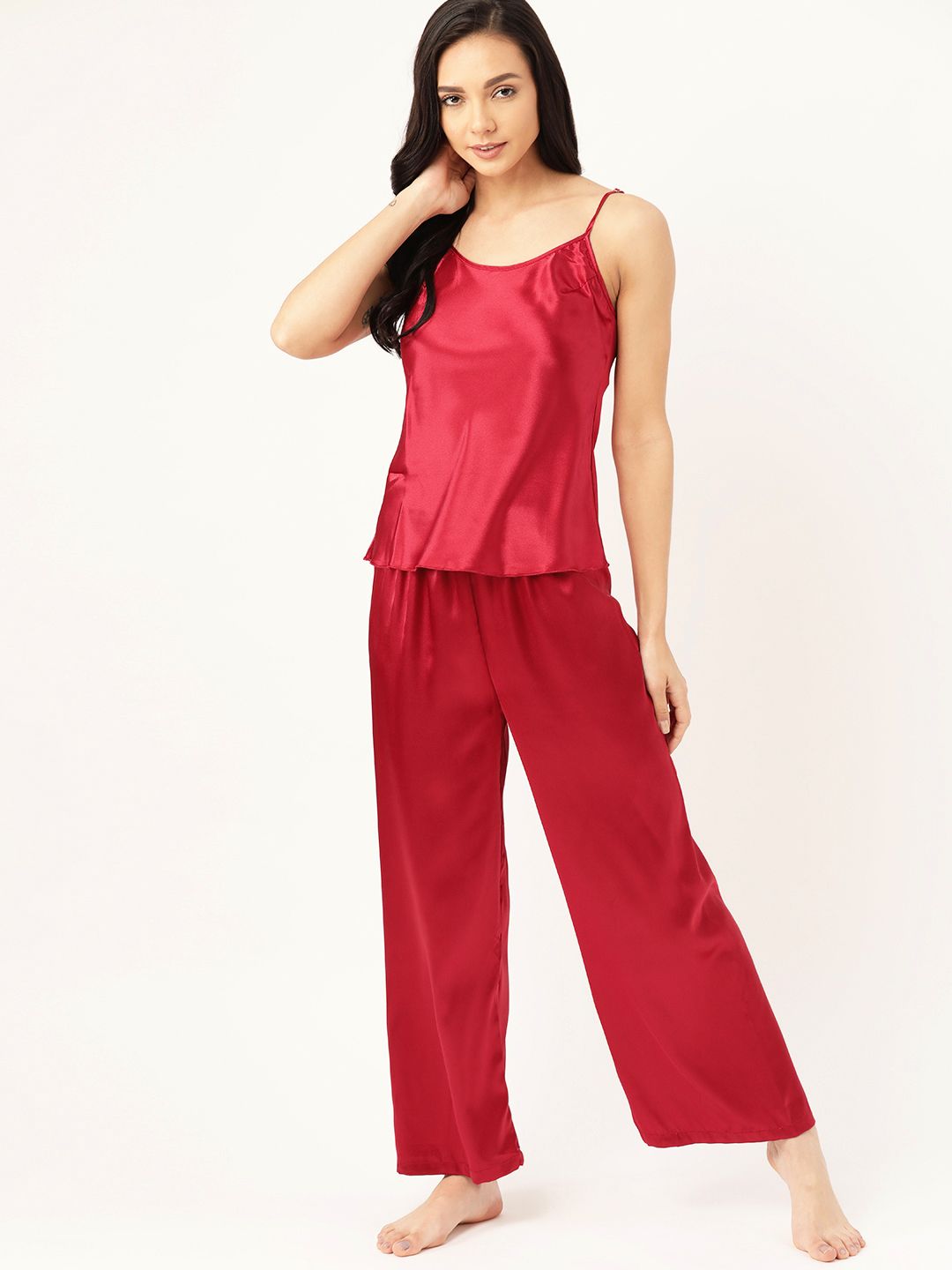 ETC Women Red Solid Night Suit With Satin Finish Price in India