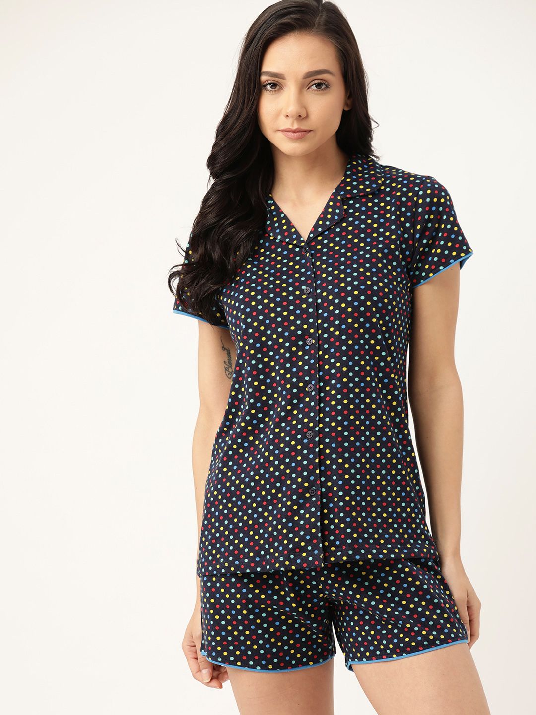 ETC Women Navy Blue & Yellow Pure Cotton Polka Dots Print Nightsuit Price in India