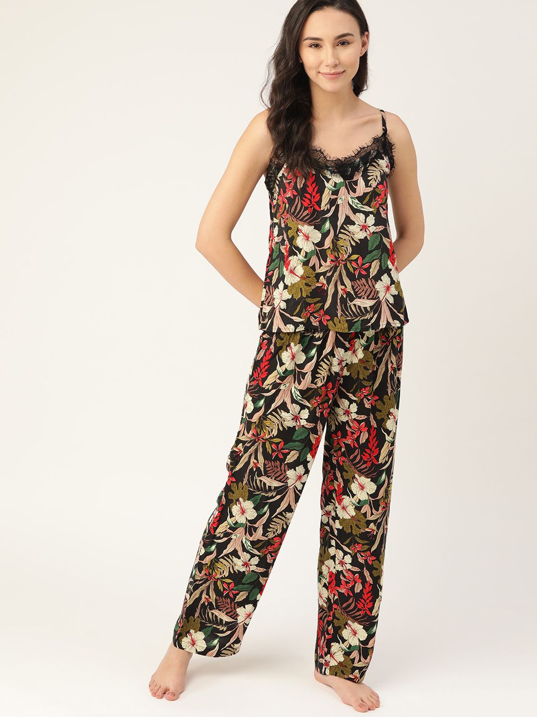 ETC Women Black & Off-White Floral Print Night Suit Price in India