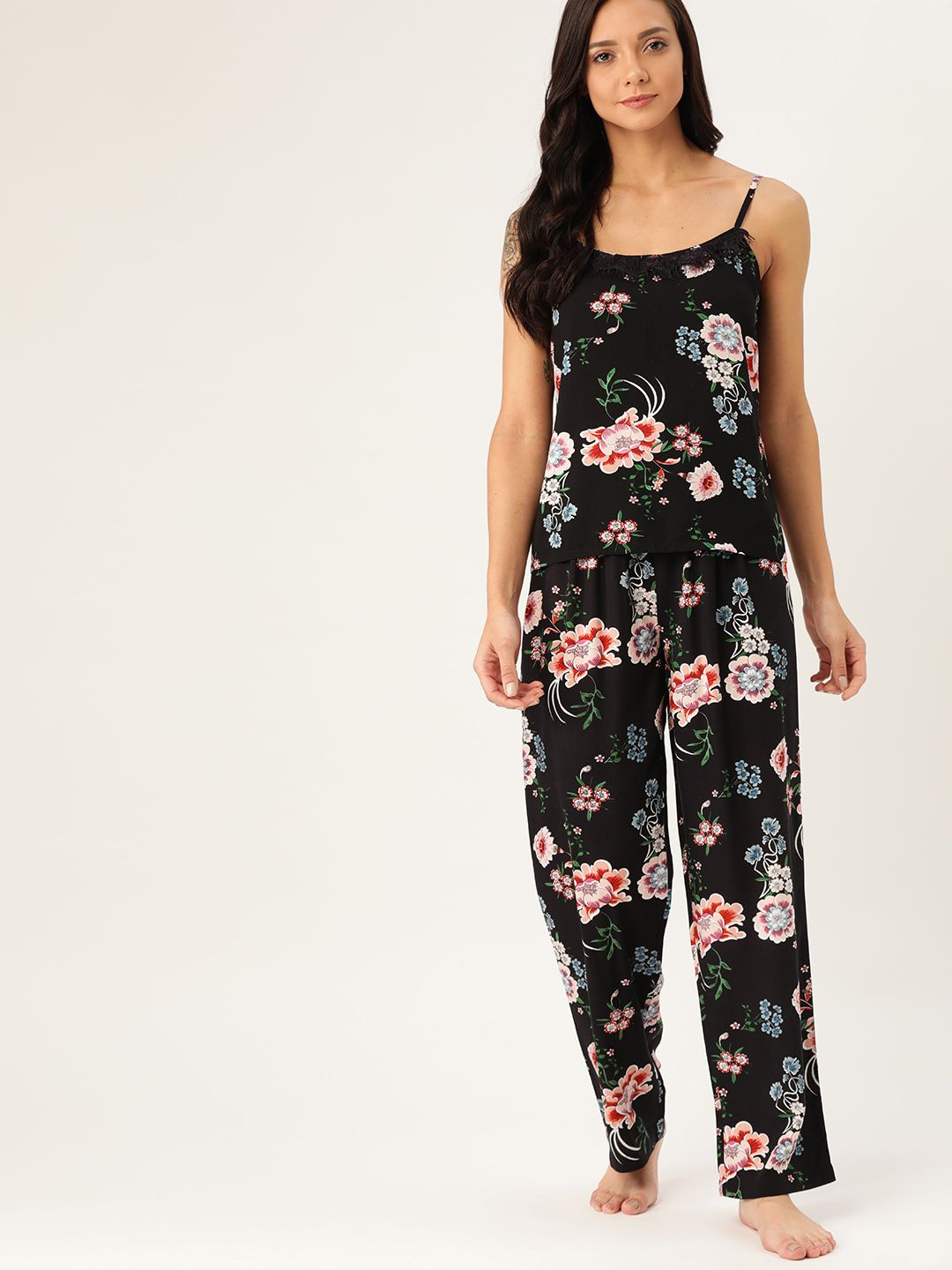 ETC Women Black & Pink Floral Print Nightsuit Price in India