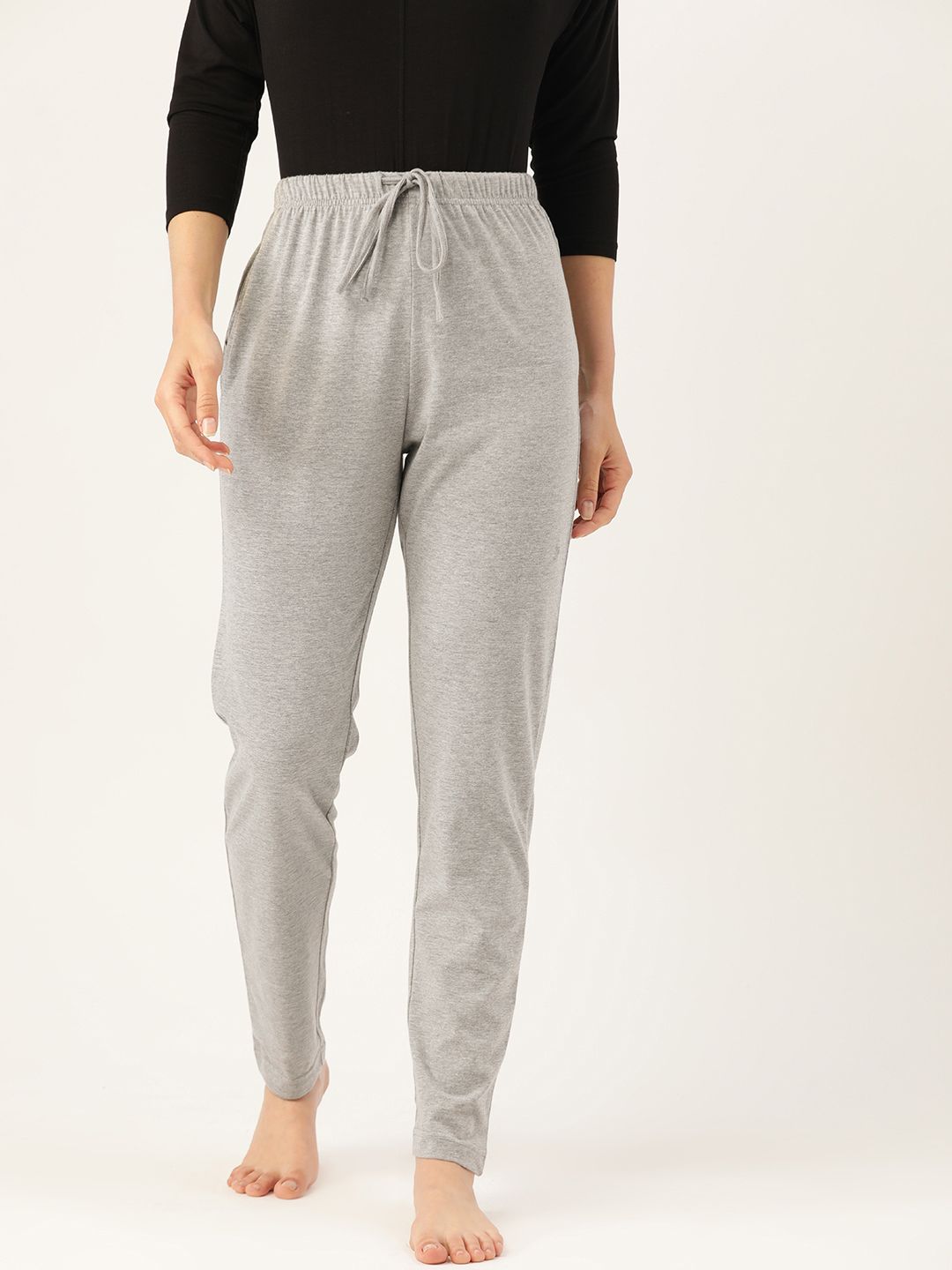 ETC Women Grey Melange Pure Cotton Solid Lounge Pants Price in India
