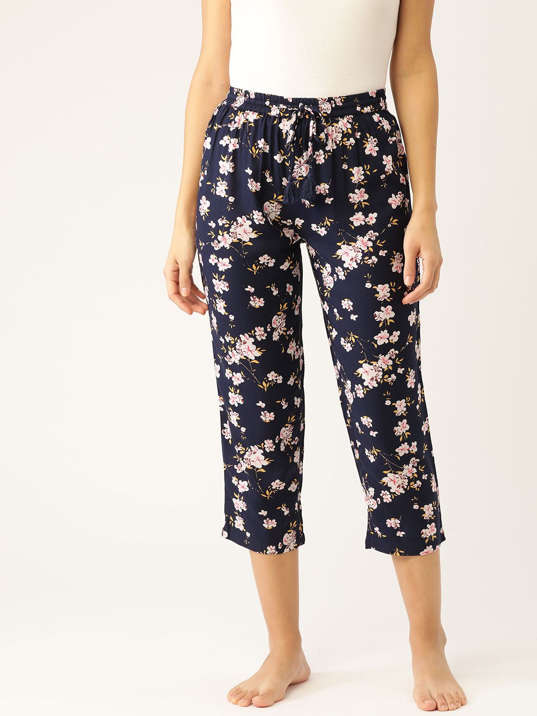 ETC Women Navy Blue & White Floral Print Lounge Pants Price in India