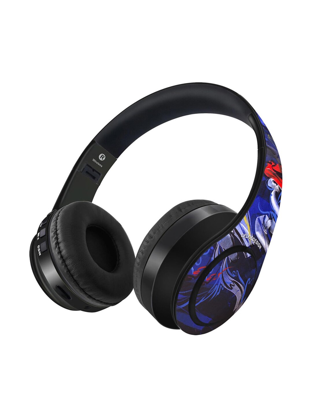 CelfieDesign Black & Blue Printed Happy Sky Wireless Bluetooth On Ear Headphones With Mic Price in India