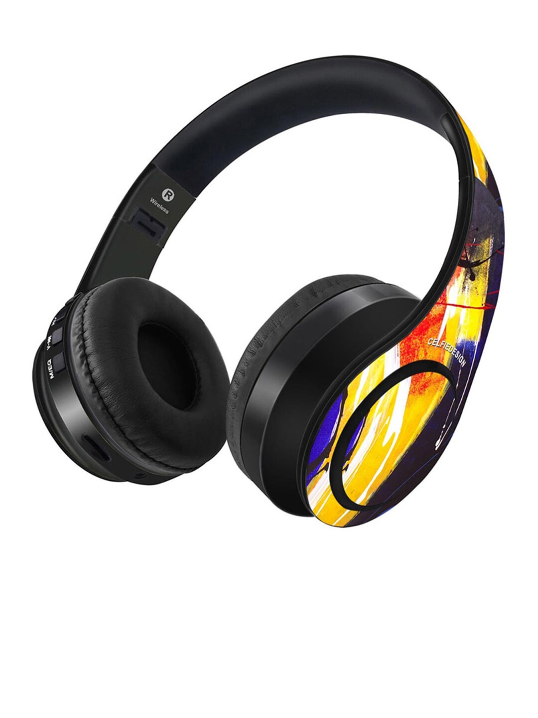 CelfieDesign Black & Yellow Printed Free Mind Wireless Bluetooth On Ear Headphones With Mic Price in India