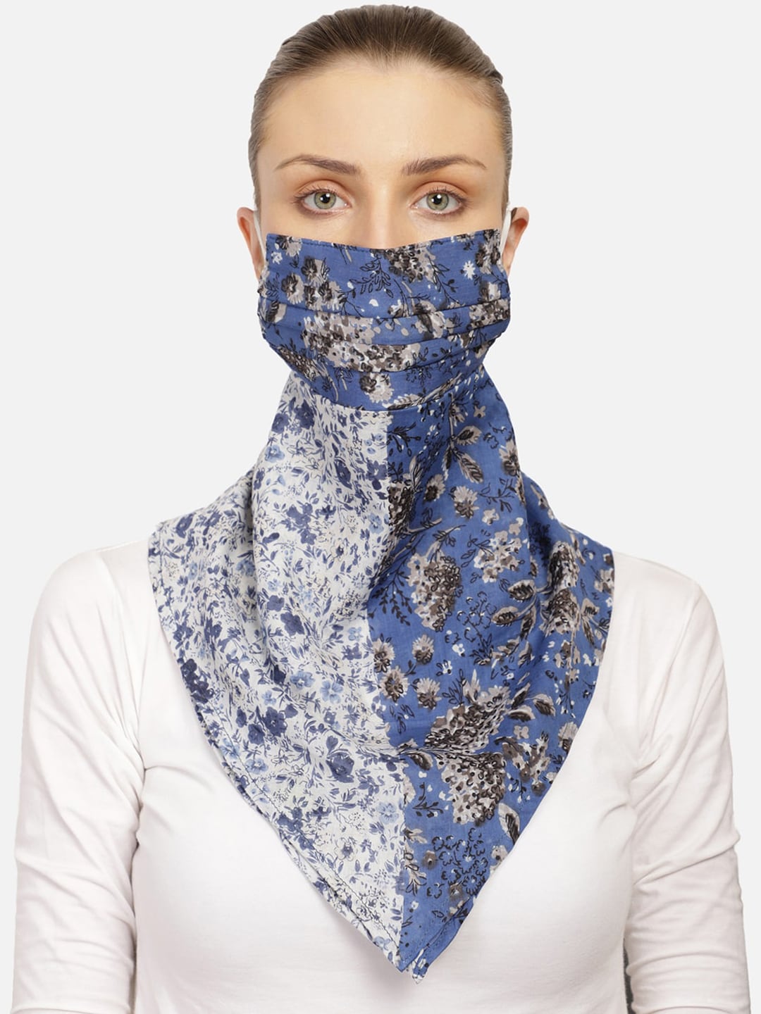Anekaant Women Blue & White 3-Ply Reusable Botanical Printed Cotton Scarf-Style Mask Price in India