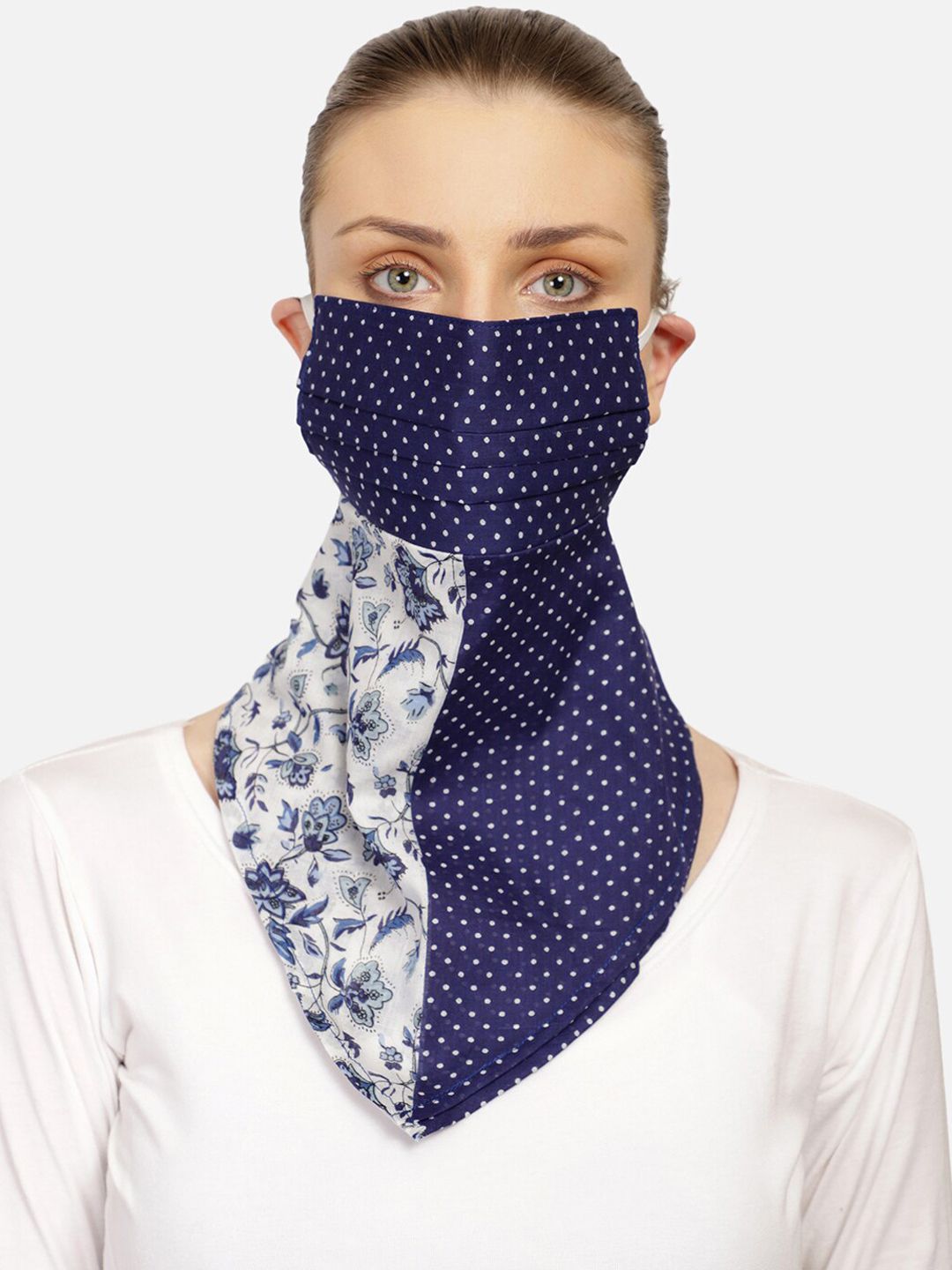 Anekaant Women Blue & White Single 3-Ply Reusable Printed Cotton Scarf Style Fashion Mask Price in India