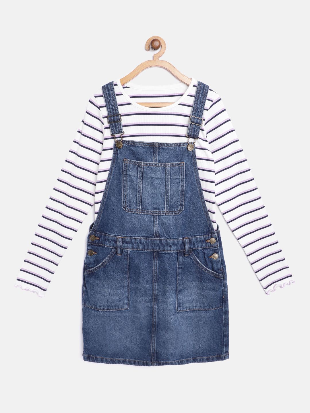 Buy Marks & Spencer Girls Blue Denim Faded Sustainable Pinafore Dress with T-shirt - Dresses for Girls 12447886