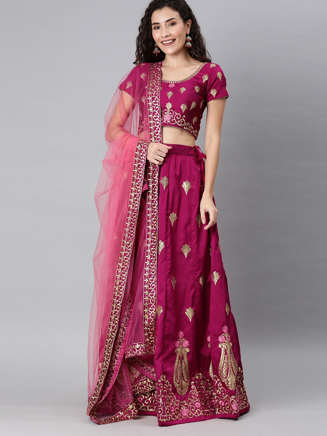 Mitera Pink & Gold-Toned Embroidered Semi-Stitched Lehenga & Unstitched Choli with Dupatta