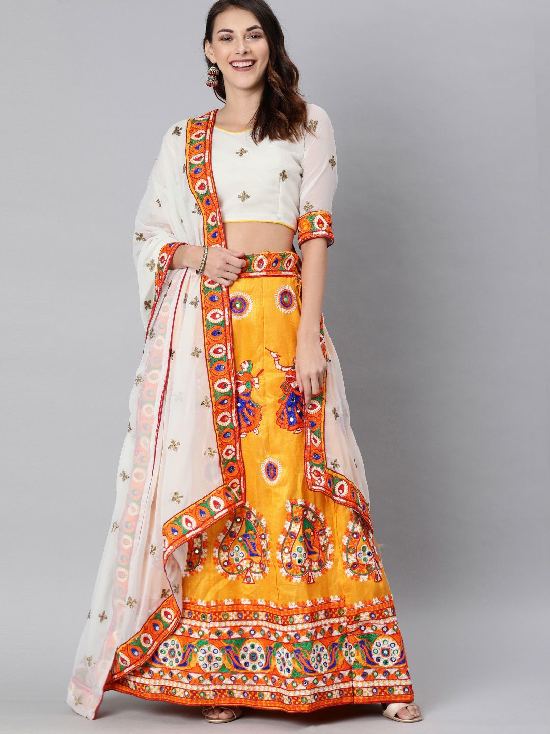 Mitera Yellow & White Embroidered Semi-Stitched Lehenga & Unstitched Blouse with Dupatta