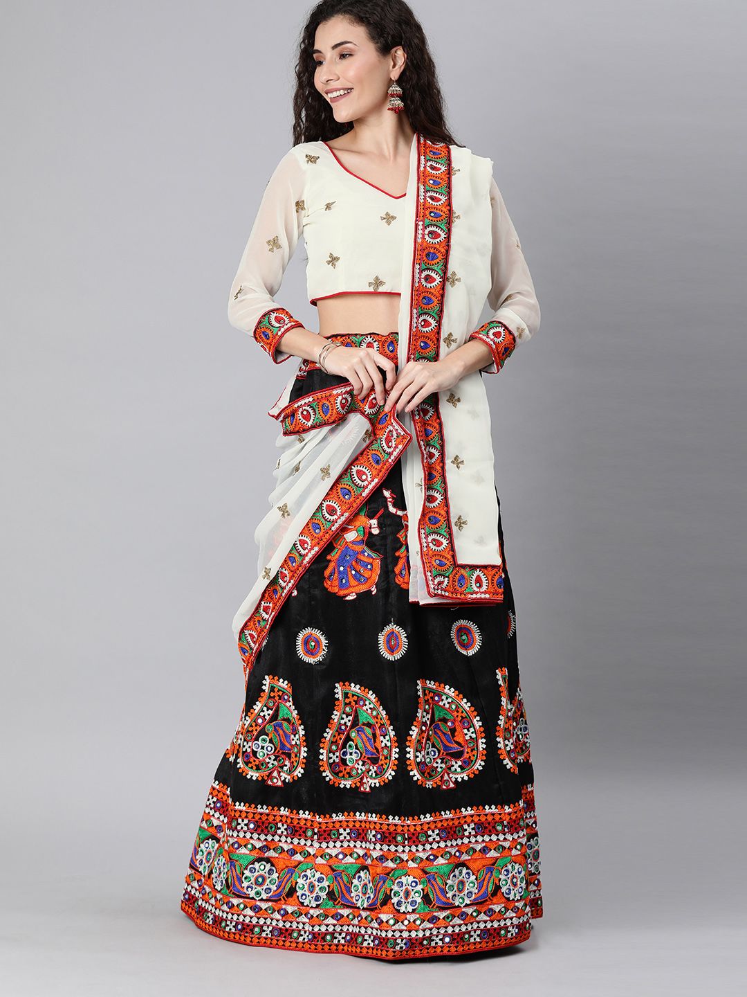 Mitera Black & White Embroidered Semi-Stitched Lehenga & Unstitched Choli with Dupatta Price in India