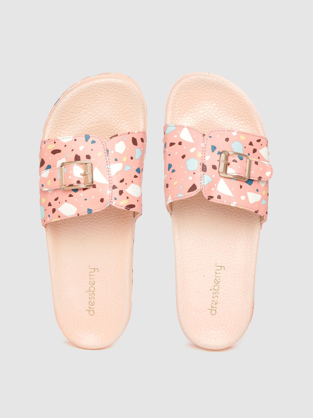 DressBerry Women Pink & White Abstract Print Sliders with Buckle Detail