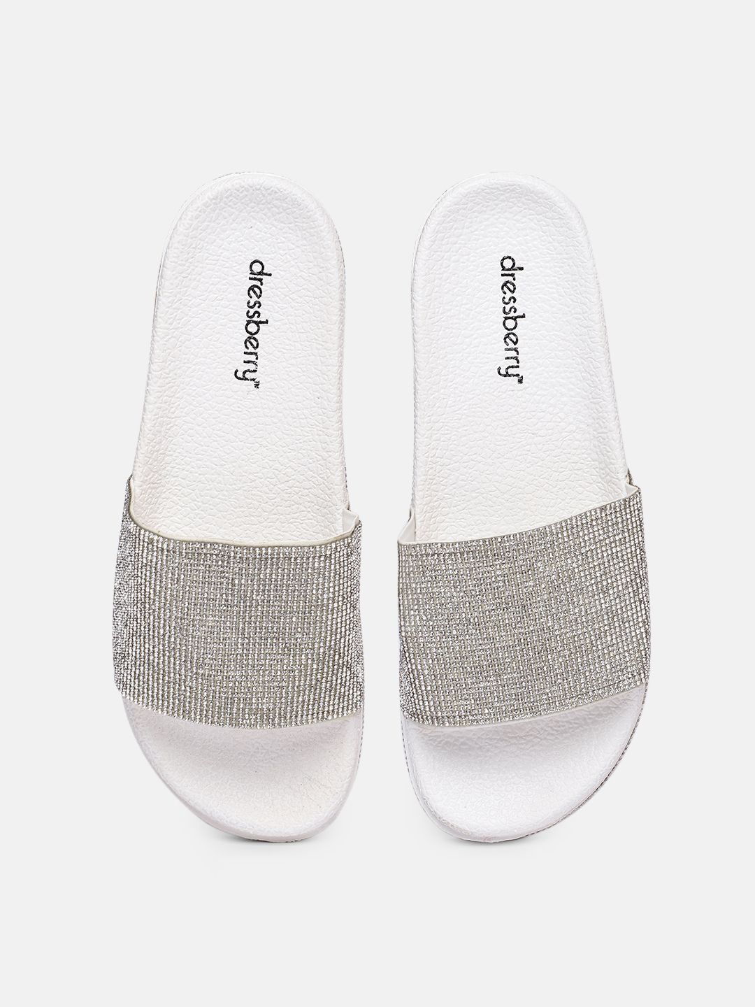 DressBerry Women Silver-Toned & White Embellished Rubber Sliders Price in India