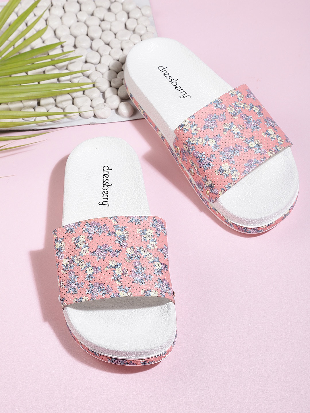 DressBerry Women Pink & Blue Floral Print Sliders Price in India