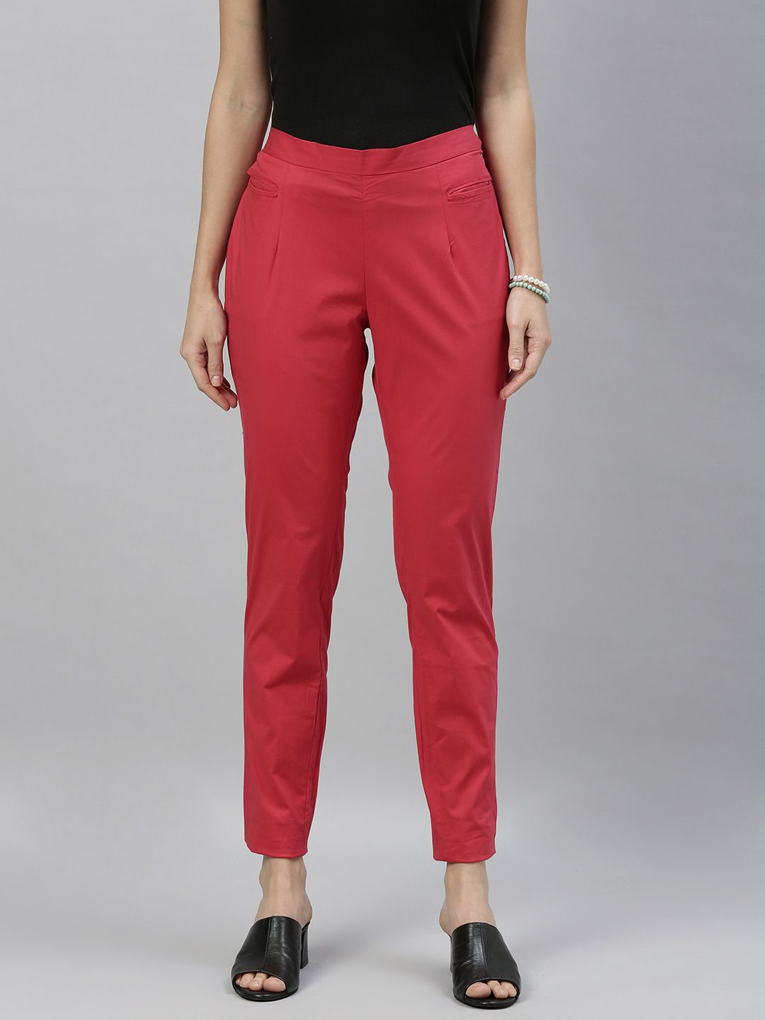 ETIQUETTE Women Red Slim Fit Solid Regular Trousers