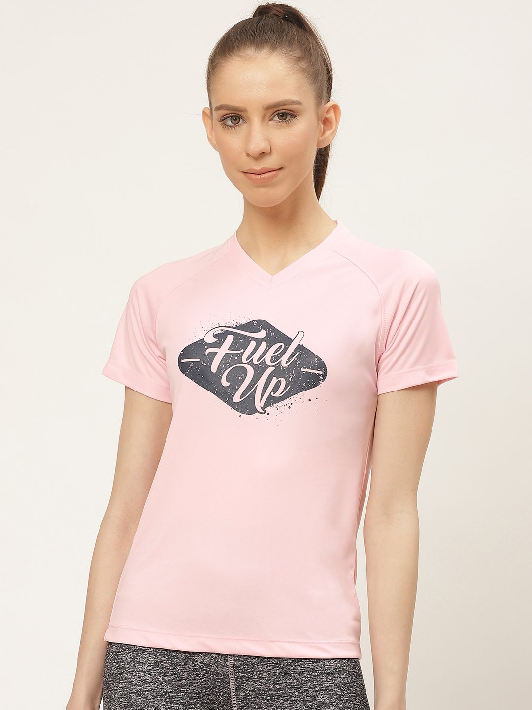 Yuuki Women Pink Printed V-Neck T-shirt Price in India