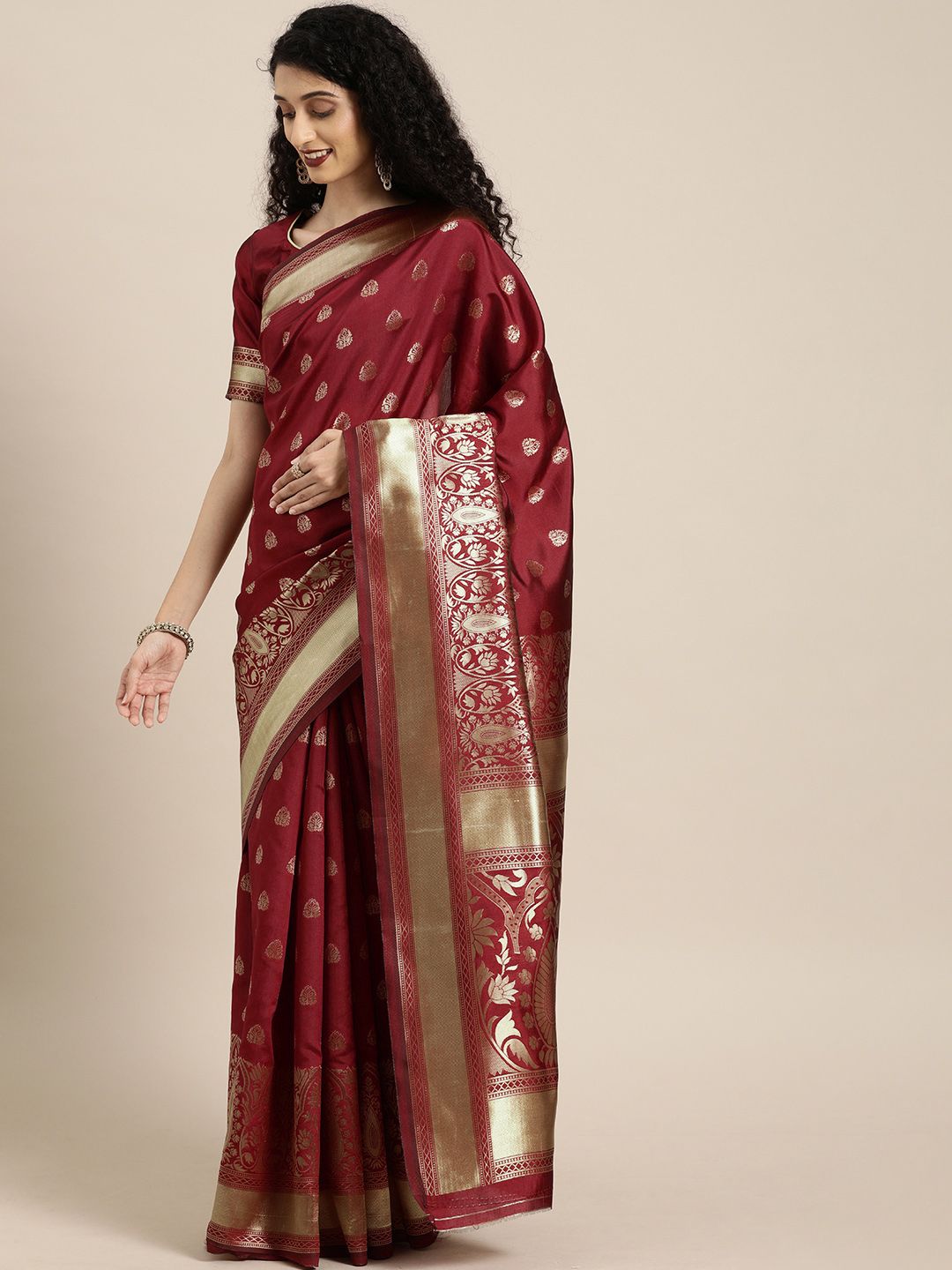 Mitera Maroon & Golden Art Silk Woven Design Banarasi Saree