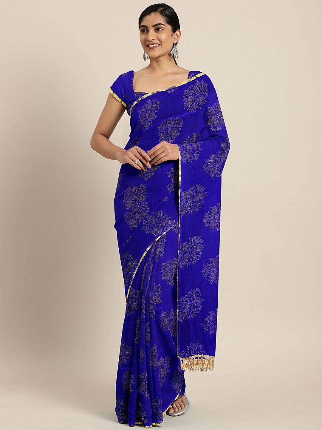 KALINI Blue & Off-White Poly Chiffon Printed Pochampally Saree