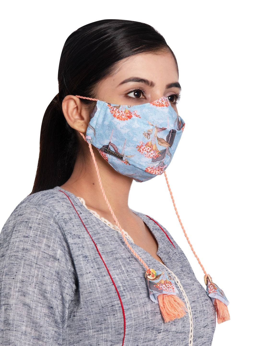 VASTRAMAY Adults Blue & Red Floral Print Reusable 3-Ply Cloth Mask Price in India