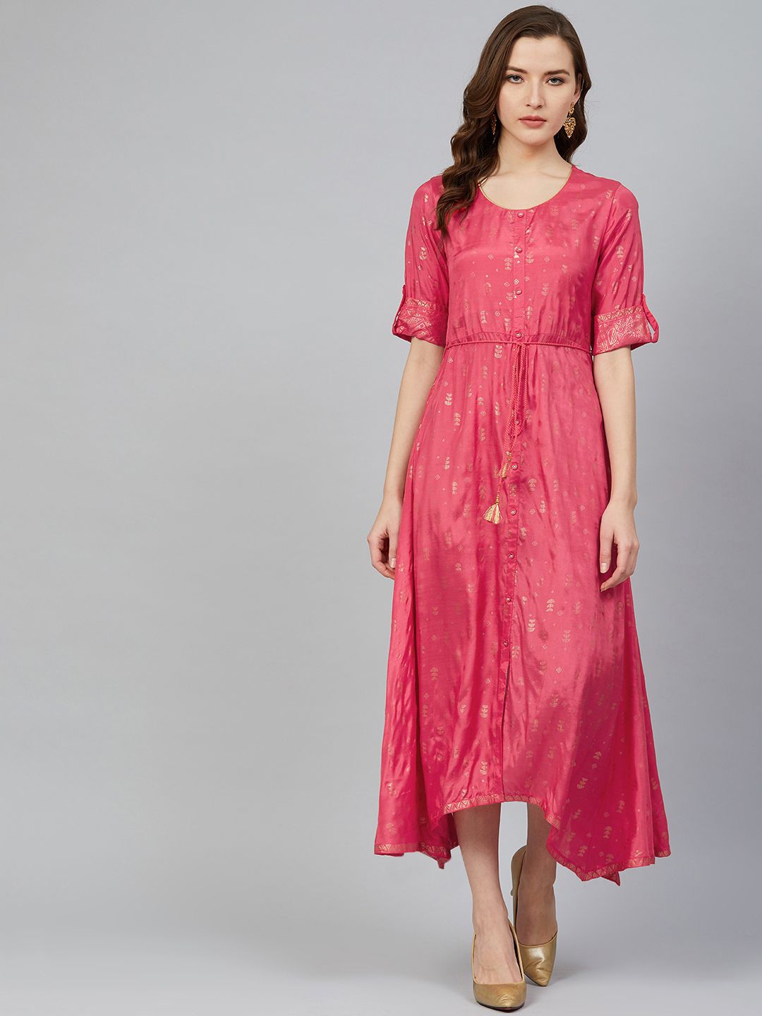 Rangriti Women Coral Pink & Golden Printed Maxi Dress Price in India