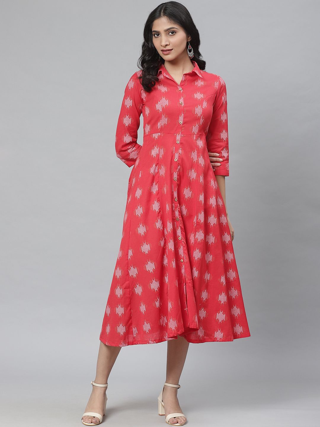 Rangriti Women Pink & Off-White Cotton Self Design Midi Shirt Dress Price in India