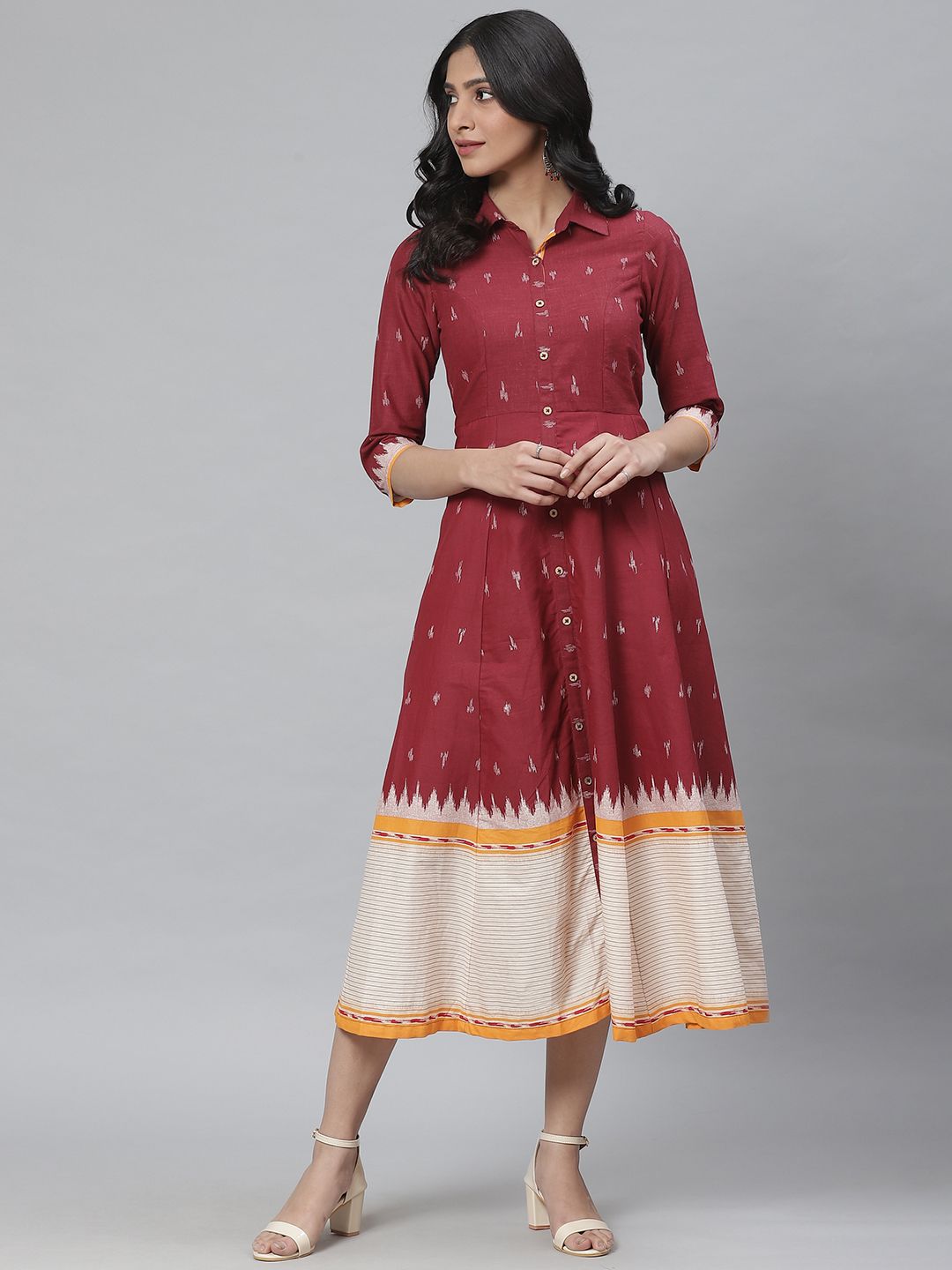 Rangriti Women Maroon & Off-White Self Design A-Line Dress Price in India