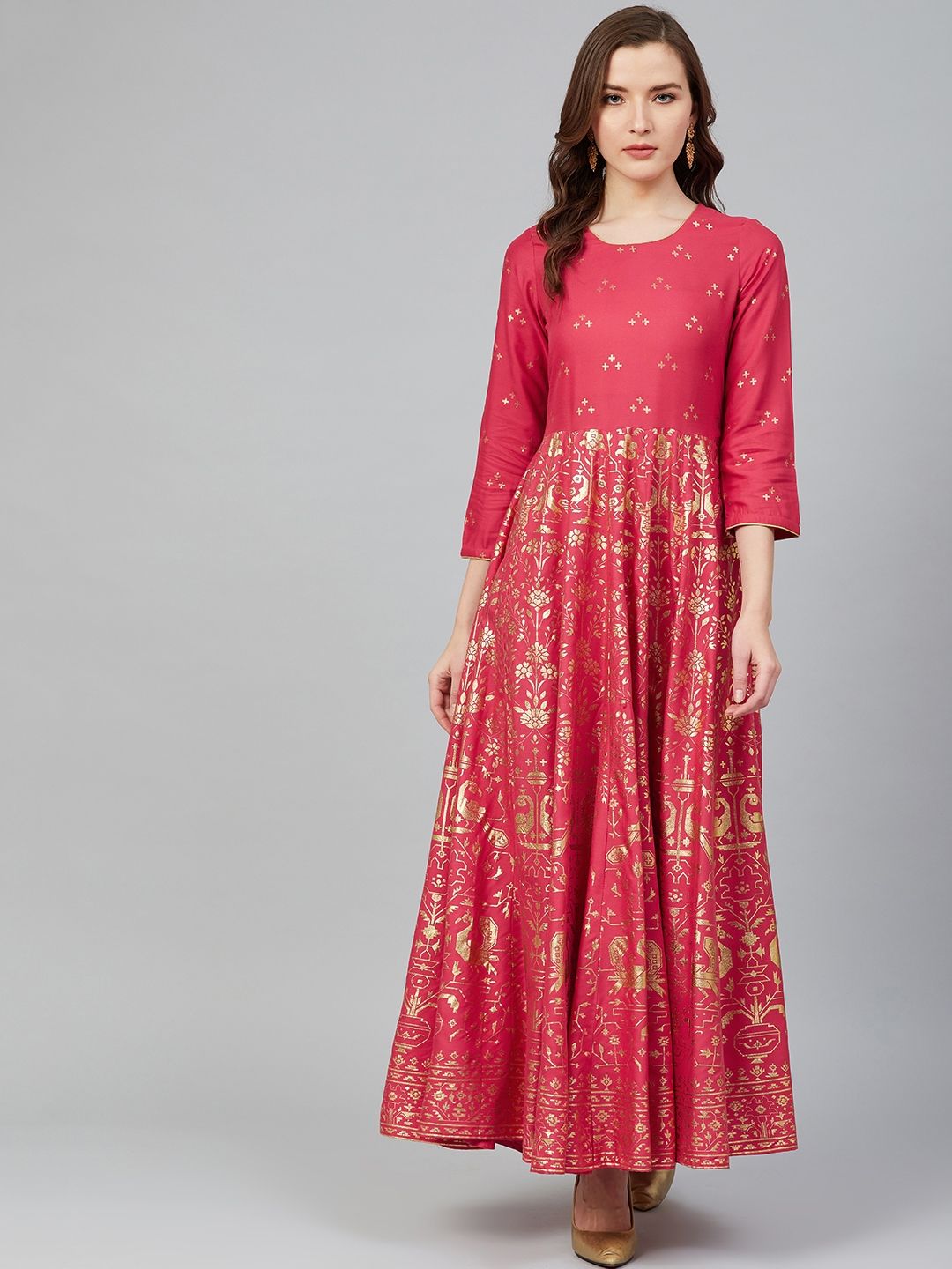 Rangriti Women Pink & Golden Printed Maxi Dress Price in India