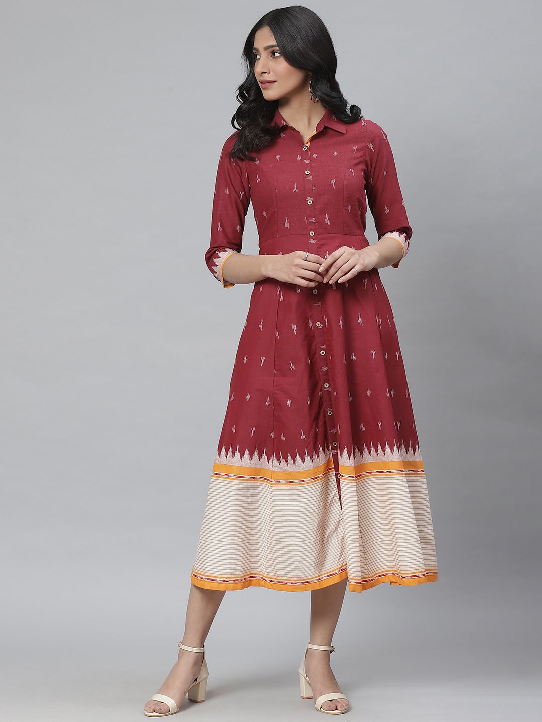 Rangriti Women Maroon & Off-White Pure Cotton Self Design Midi Shirt Dress Price in India