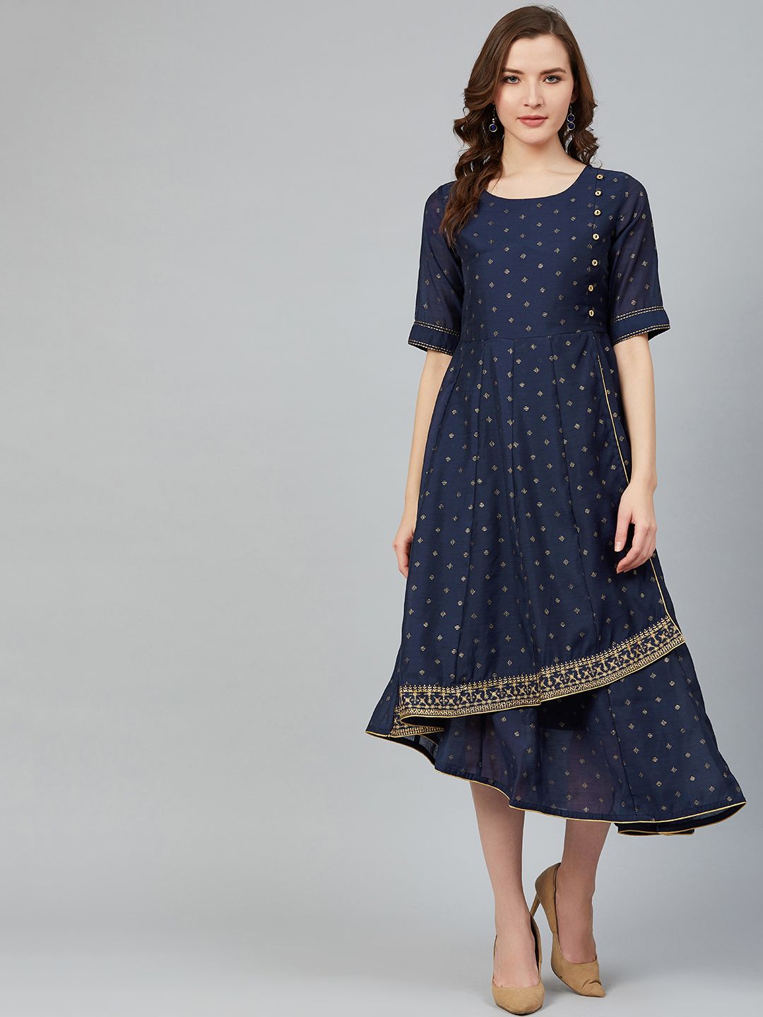 Rangriti Women Navy Blue & Golden Printed Layered A-Line Dress Price in India