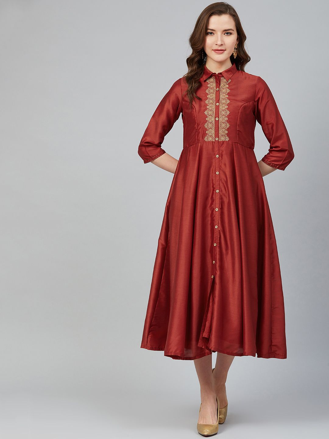 Rangriti Women Rust Brown & Golden Embroidered Detail Shirt Dress Price in India