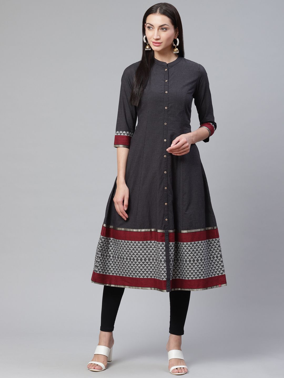 Biba Women Navy Blue & Charcoal Grey Checked A-Line Kurta