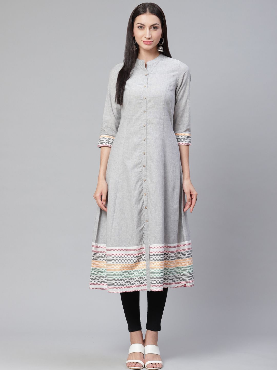 Biba Women Grey & Black Woven Design A-Line Kurta