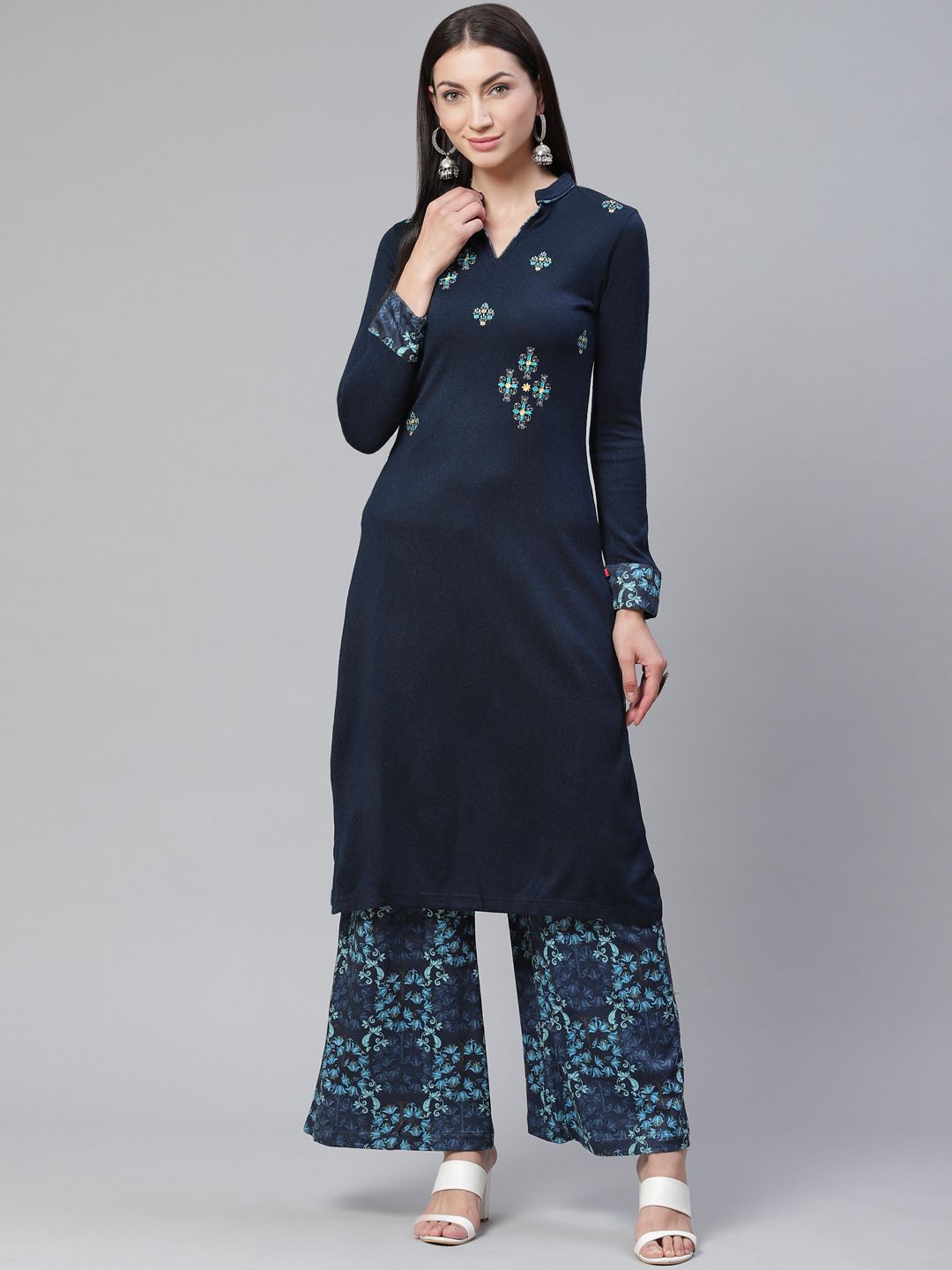 Biba Women Blue Embroidered Winter Kurta Set