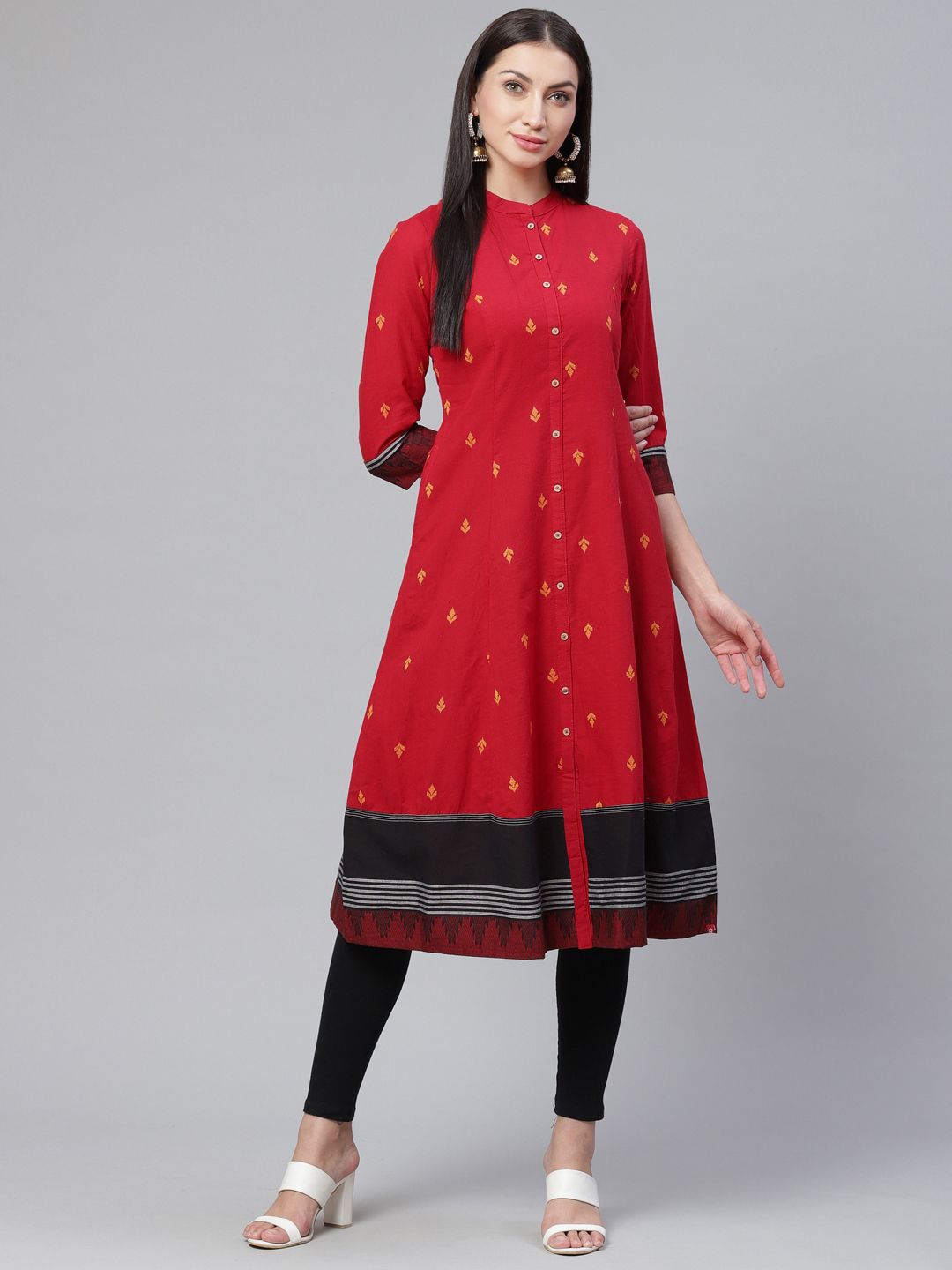 Biba Women Red & Mustard Yellow Ethnic Motif Print A-Line Kurta