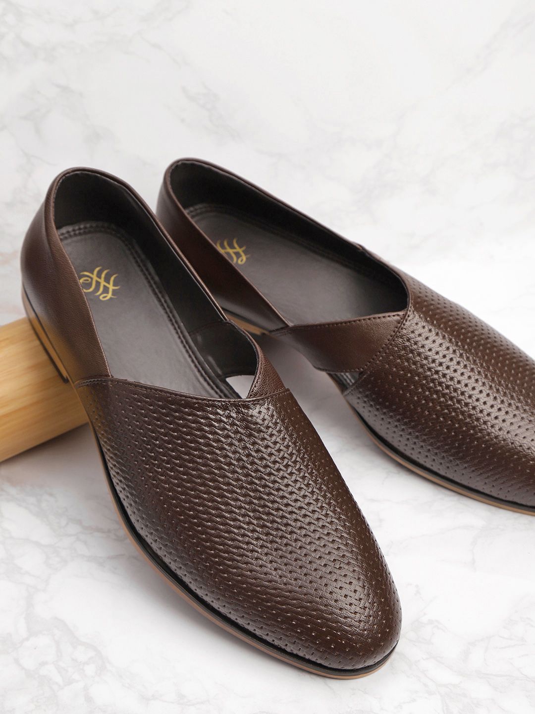 House of Pataudi Men Coffee Brown Textured Slip Ons