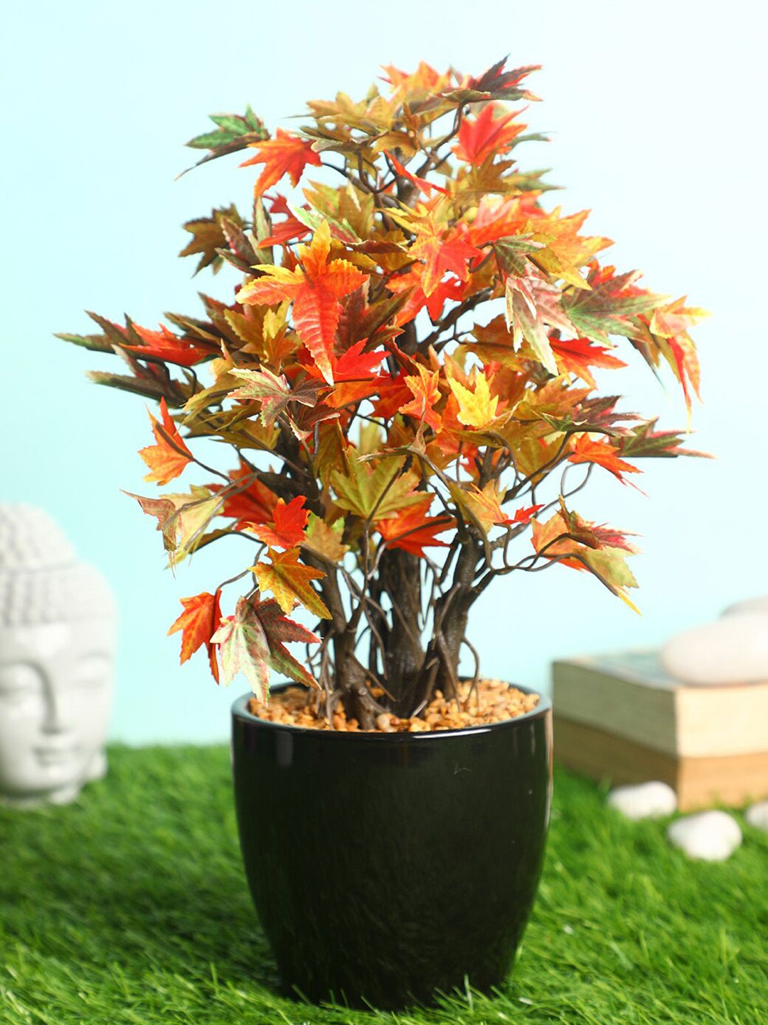 PolliNation Orange & Black Decorative Artificial Maple Bonsai With Ceramic Pot Price in India