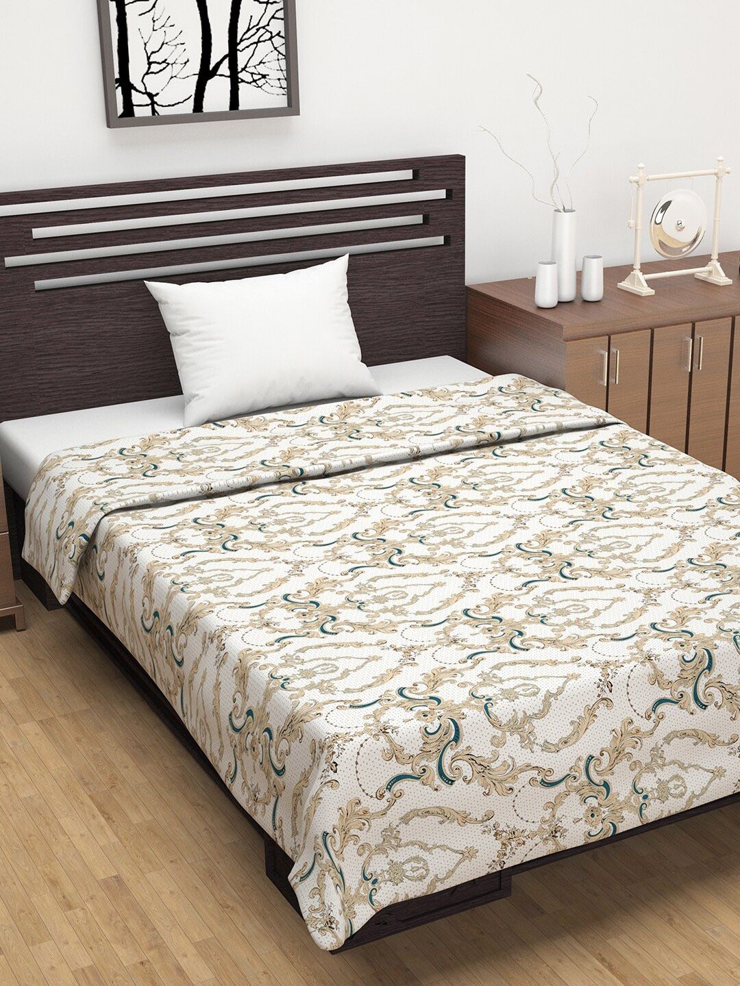 Divine Casa White & Brown Abstract AC Room 110 GSM Single Bed Dohar Price in India