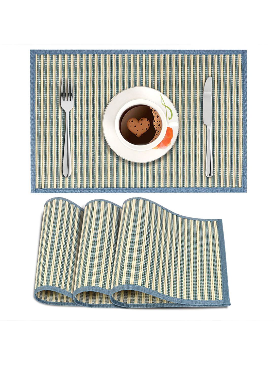 HOKIPO Set Of 4 Blue & Beige Striped Reversible Bamboo Table Placemats