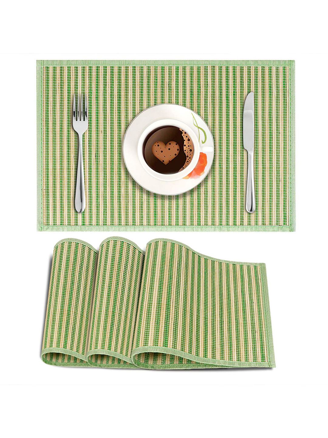 HOKIPO Set Of 4 Green & Beige Reversible Bamboo Table Placemats