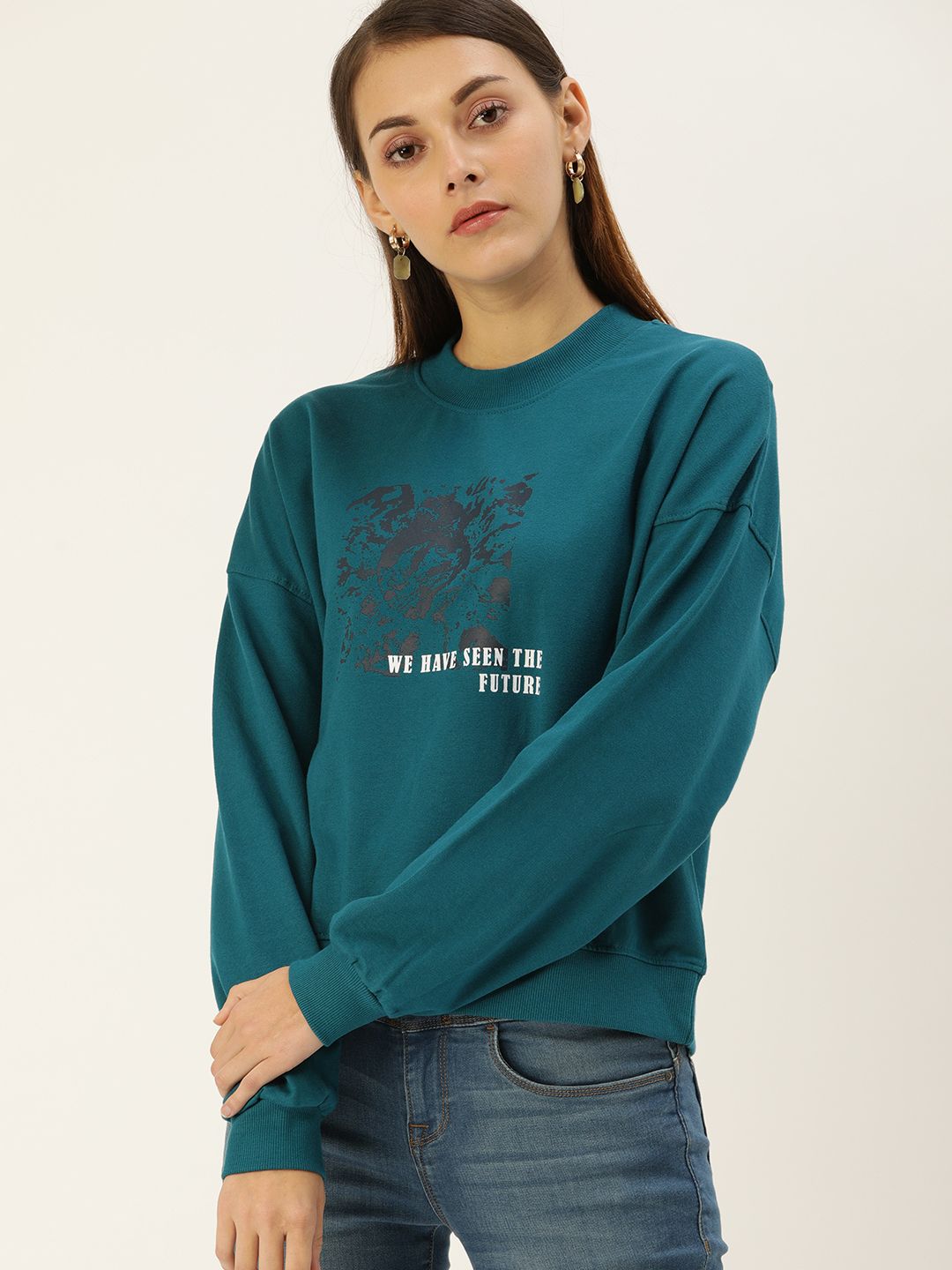 Flying Machine Women Teal Blue Printed Sweatshirt Price in India