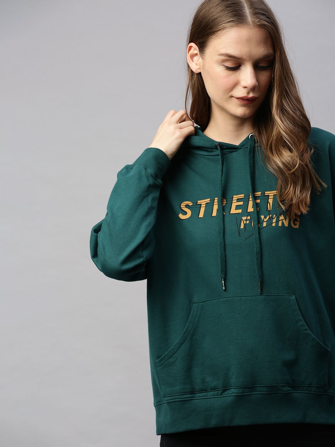 Flying Machine Women Green Printed Hooded Pullover Sweatshirt Price in India