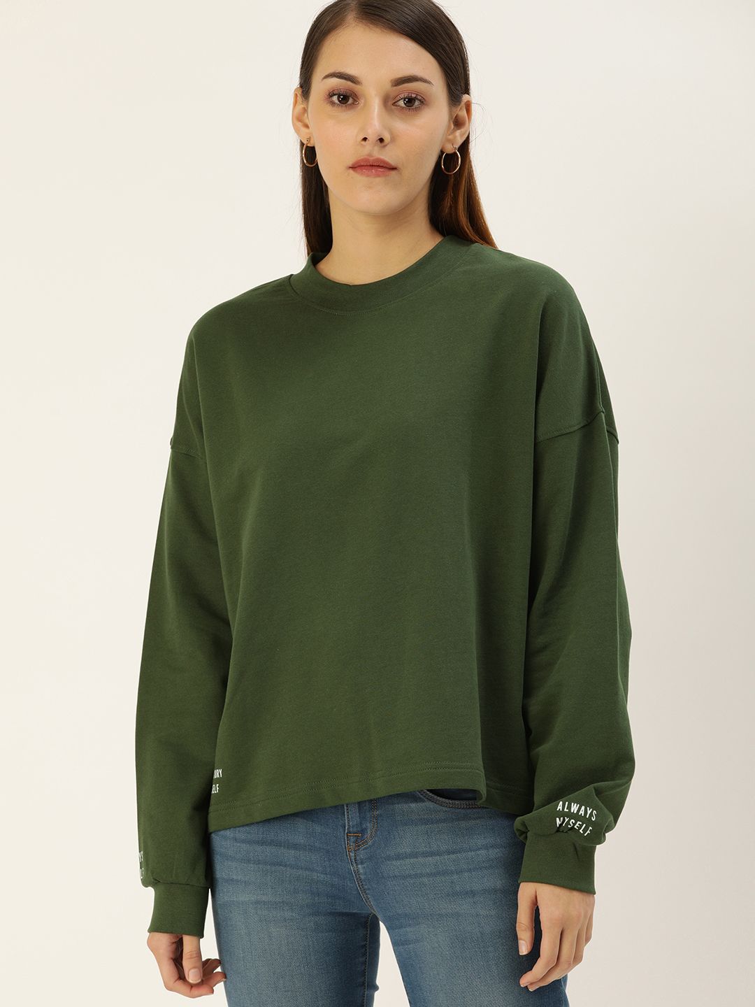 Flying Machine Women Olive Green Solid Sweatshirt with Print Detail Price in India