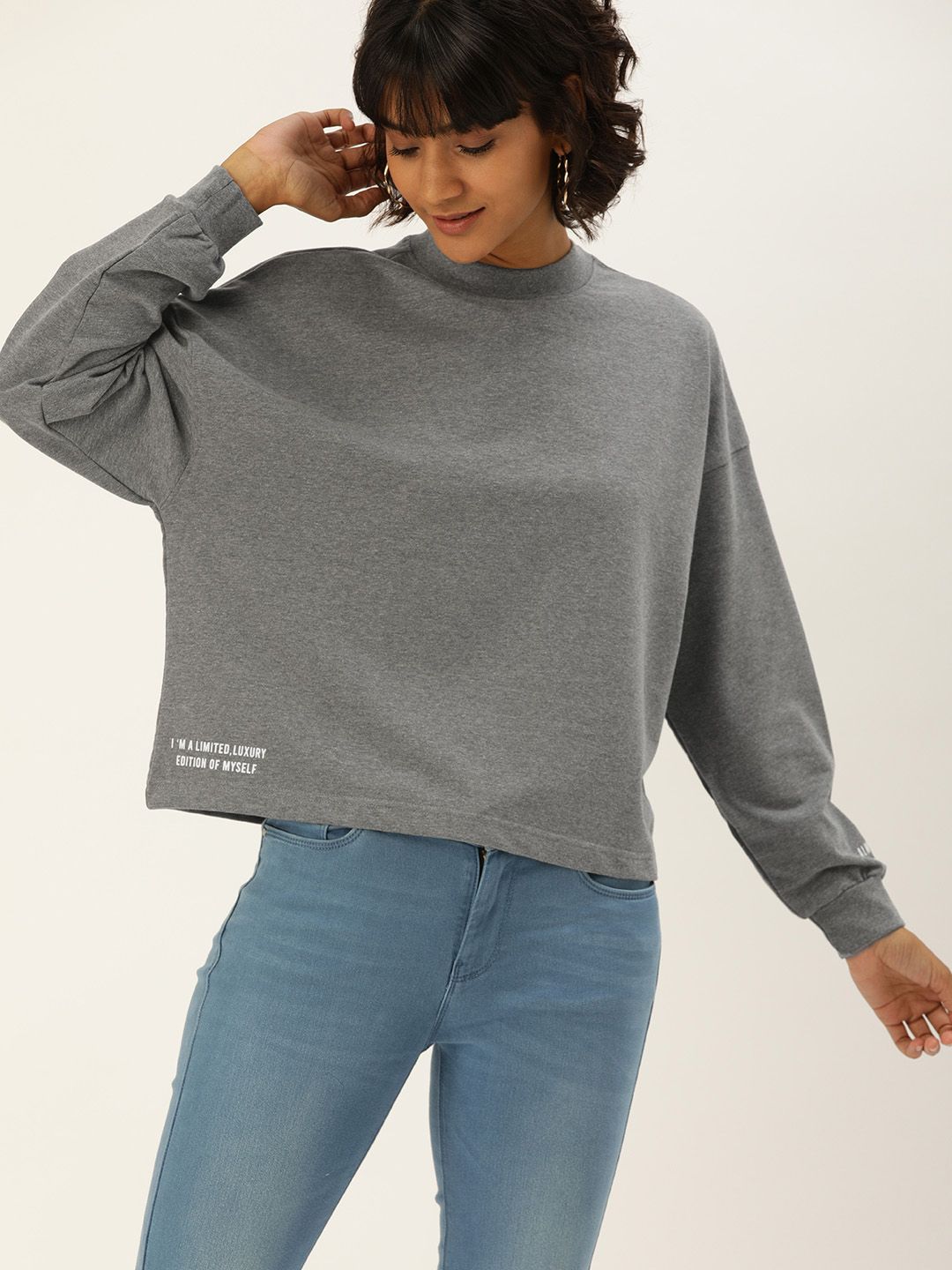 Flying Machine Women Grey Solid Sweatshirt with Printed Detaili Price in India