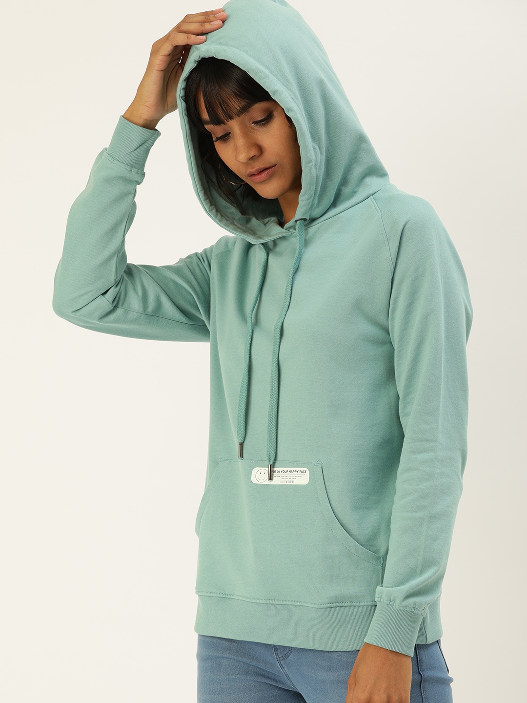 Flying Machine Women Blue Solid Hooded Sweatshirt with Print Detail Price in India